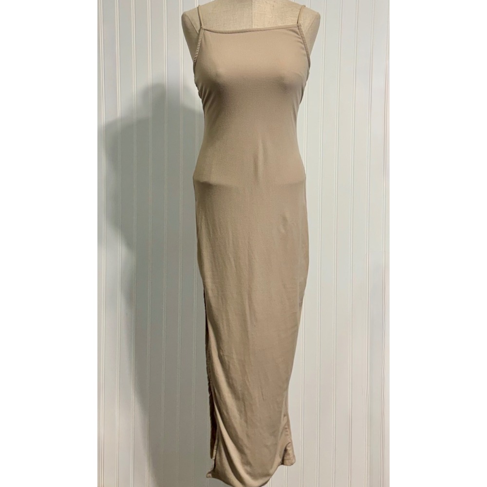 Rue21 Ribbed Tan Maxi Slip Dress Large Y2K 90s Minimalist Bodycon Side Slit Boho